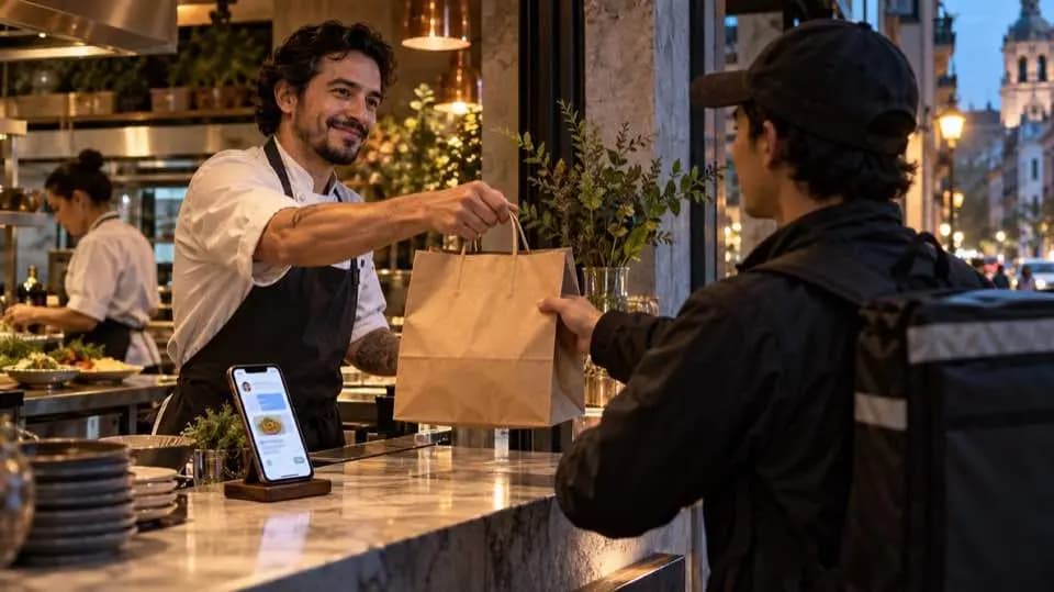 A chef hands a takeaway bag to a courier while a phone displays an ordering conversation.