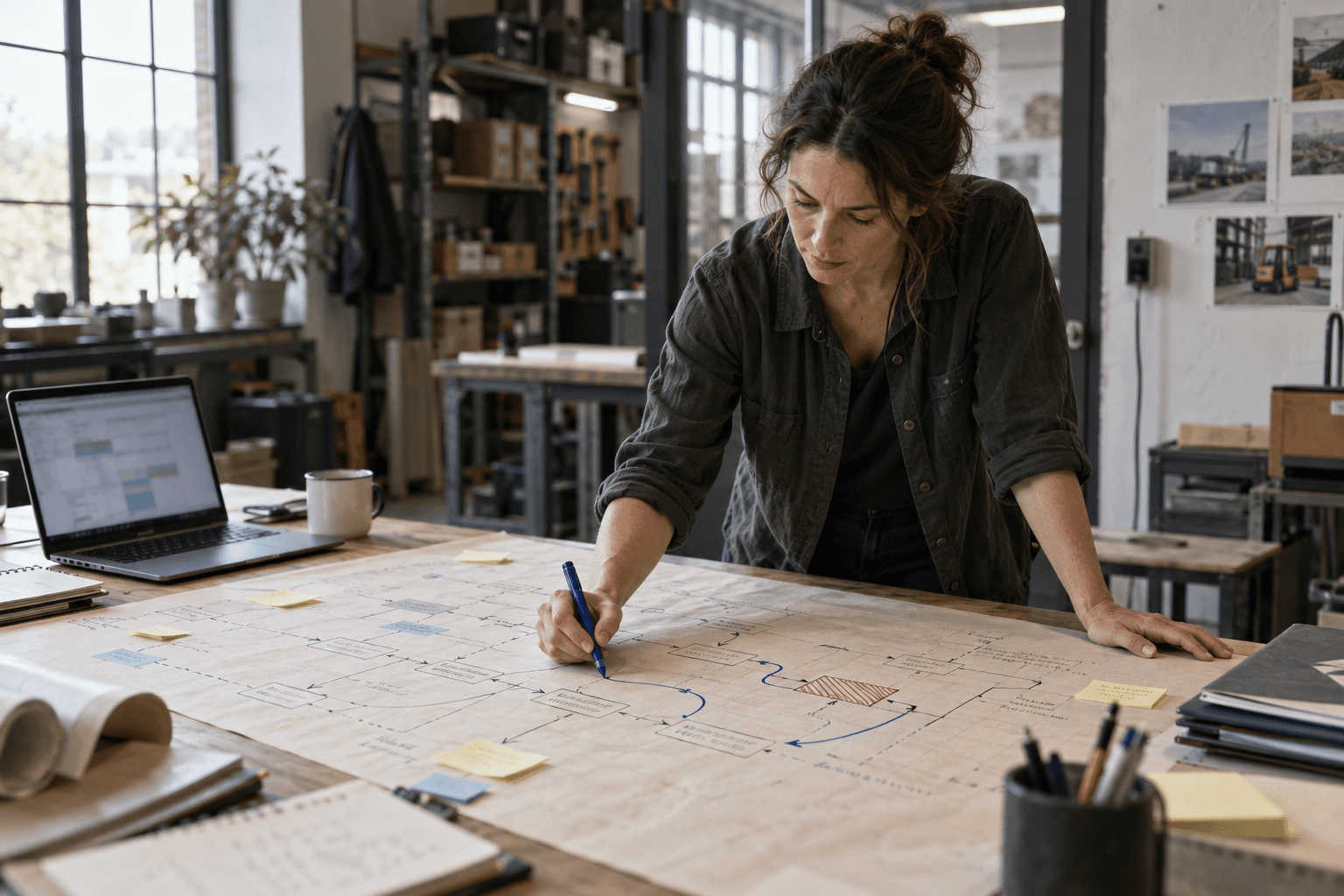 Two colleagues mark a bottleneck and an alternate route on a hand-drawn business process map.