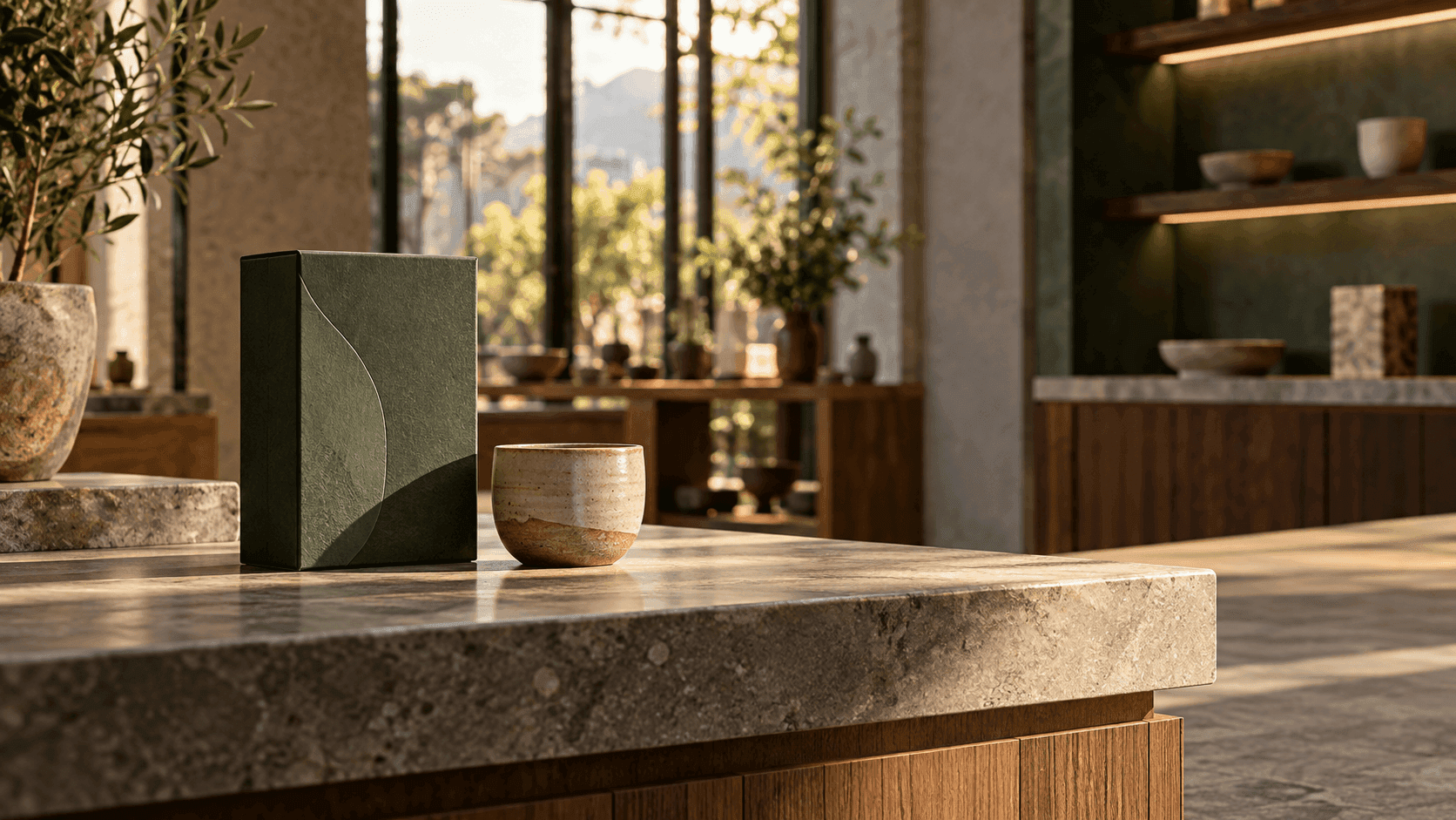 Premium retail product on a stone counter in natural light, ready to be discovered through a digital catalog.