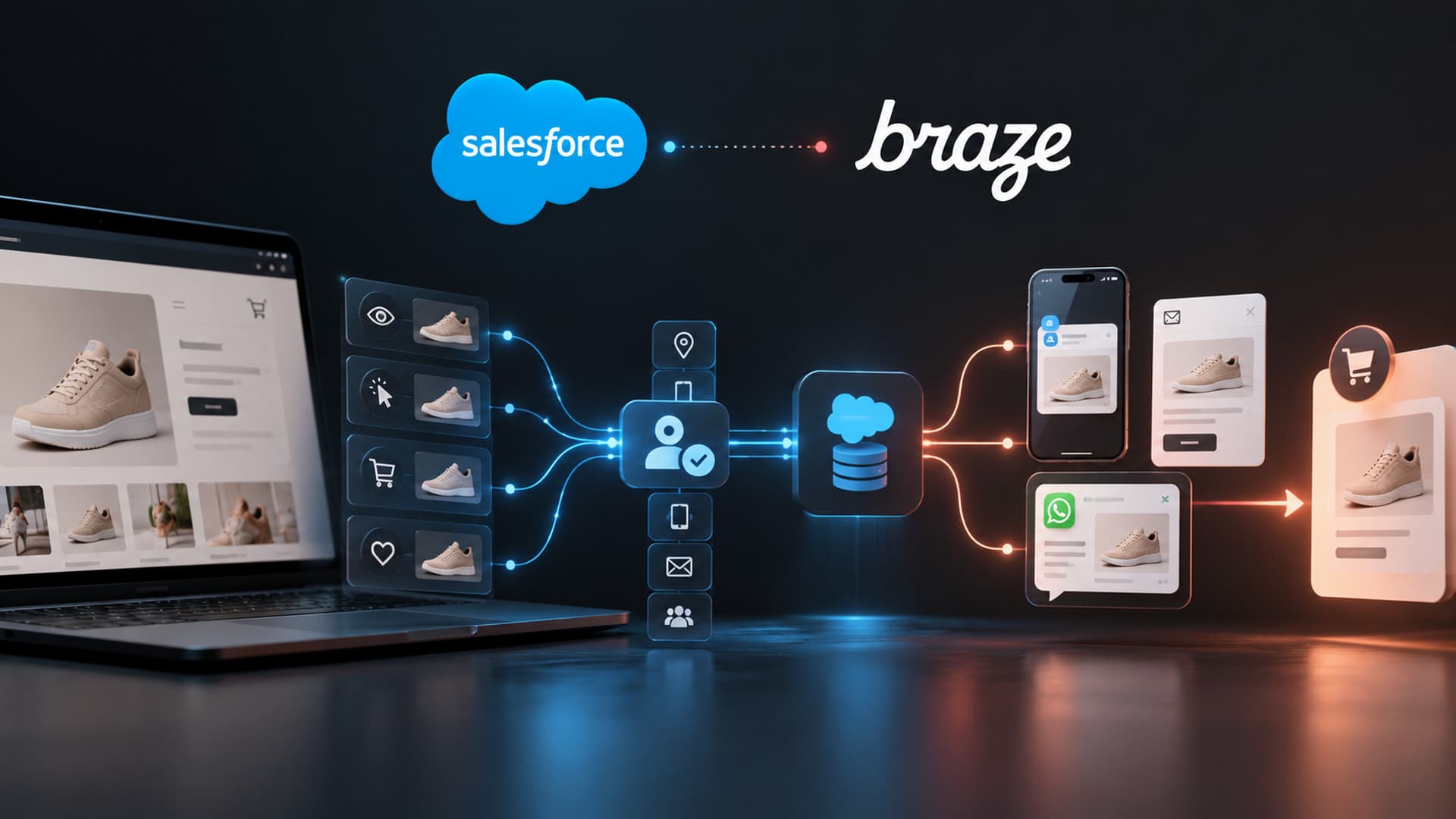 Ilustración conceptual de señales de clientes que pasan de una tienda digital al CRM y a sistemas de mensajería, en el contexto del acuerdo anunciado entre Salesforce y Braze