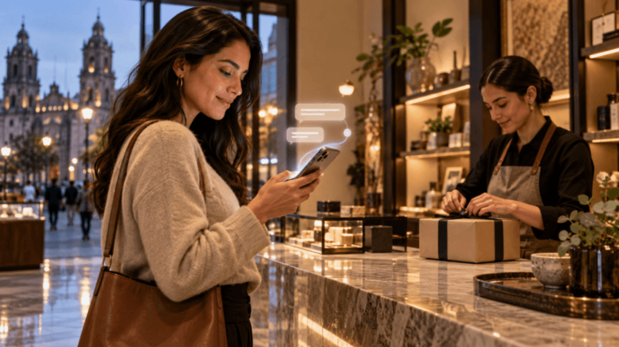 Customer checks a phone in a premium store while an associate prepares a package; conversational checkout happens before the website.