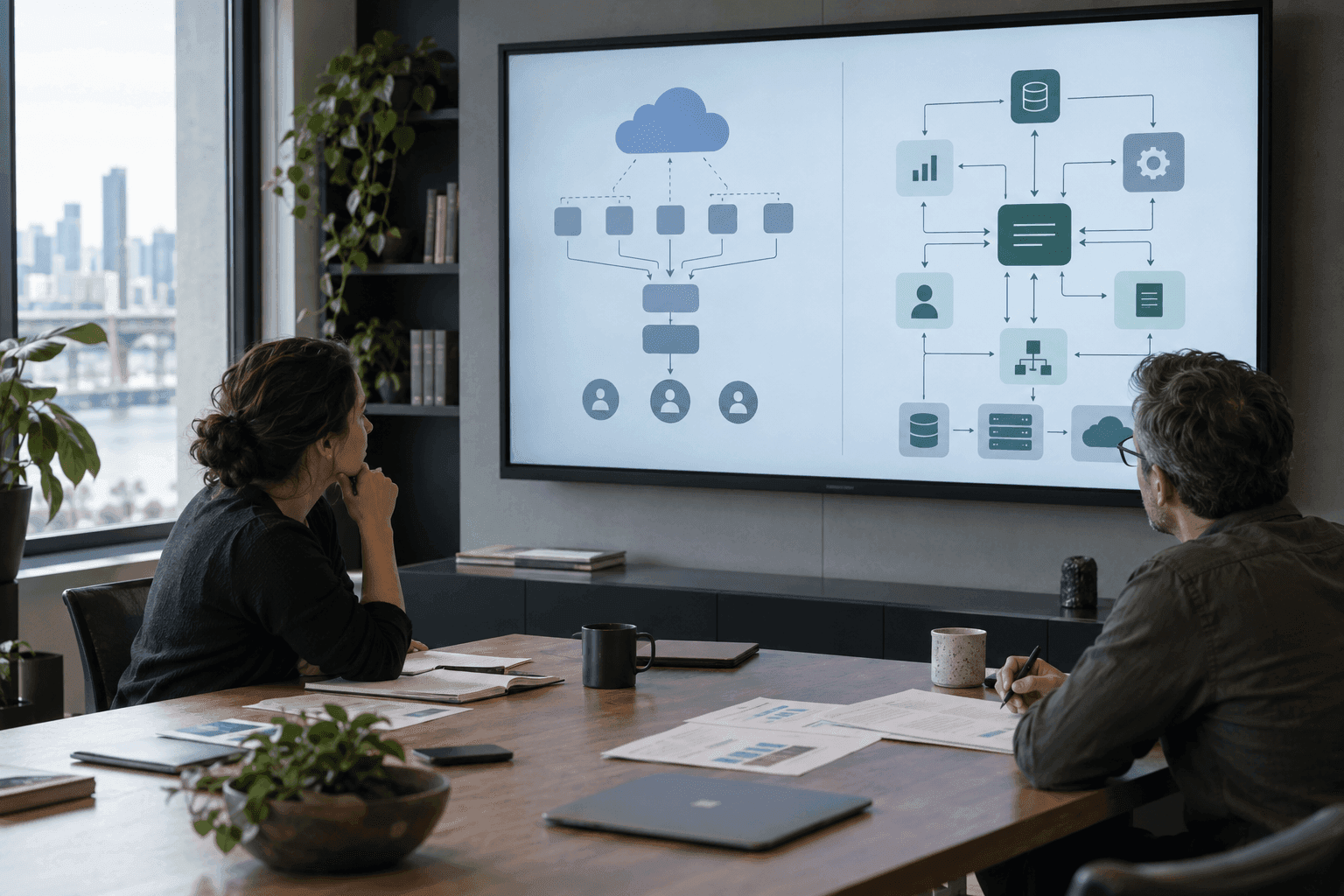 Dos líderes de producto comparan en una pantalla una arquitectura SaaS estandarizada con una arquitectura de software propia.