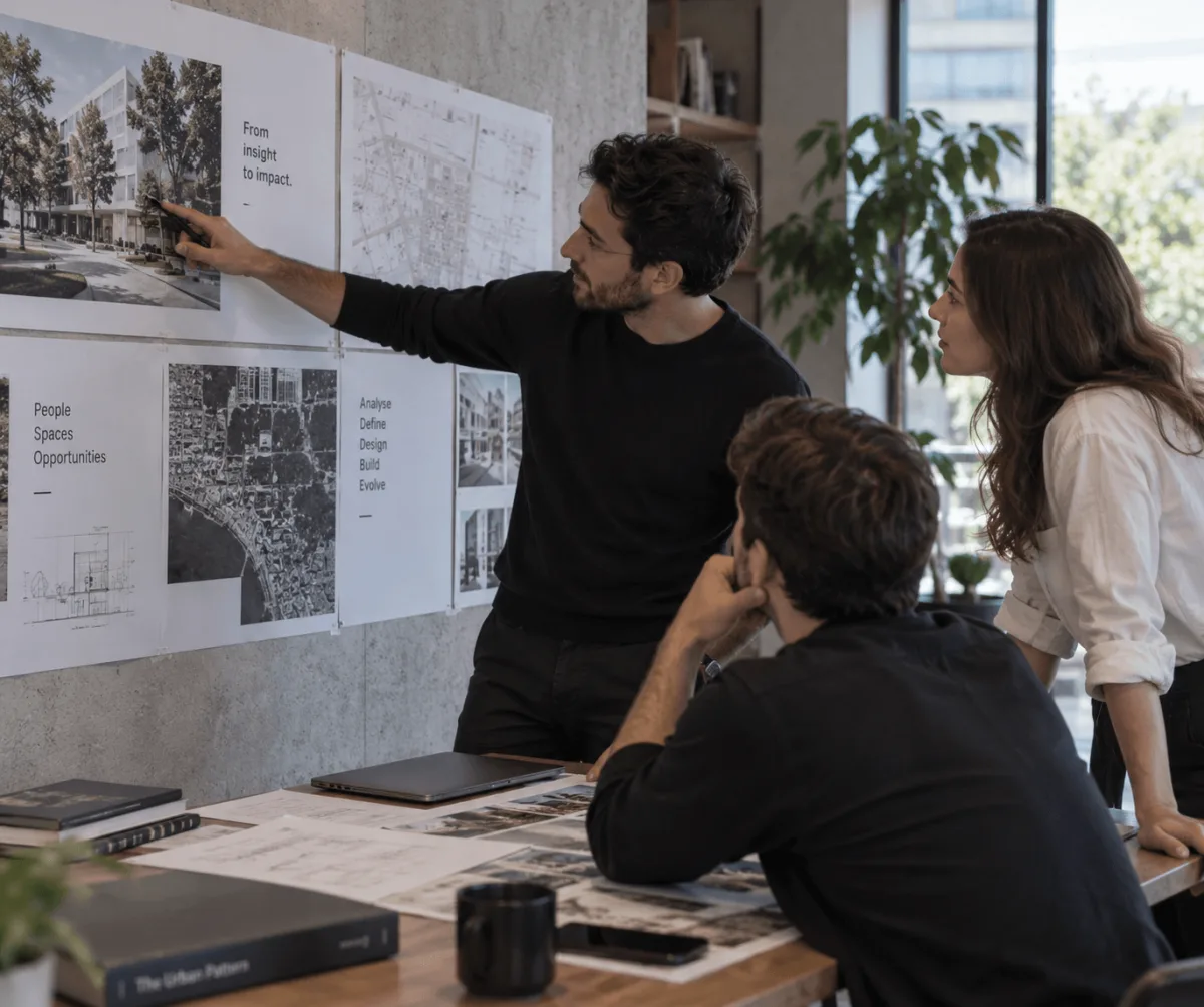 Team reviewing process diagrams pinned to a wall