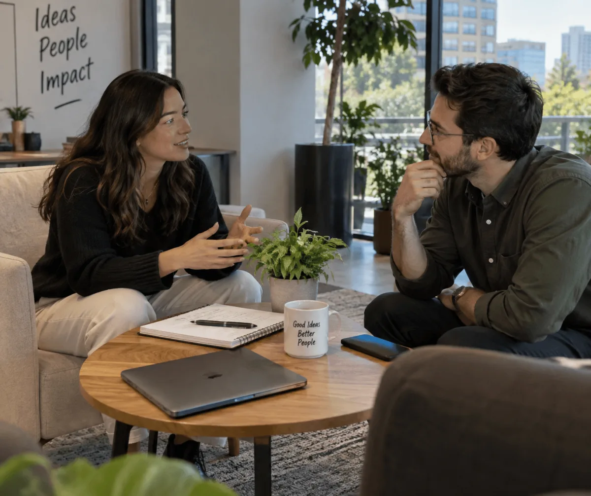Two people in an early conversation in a meeting room