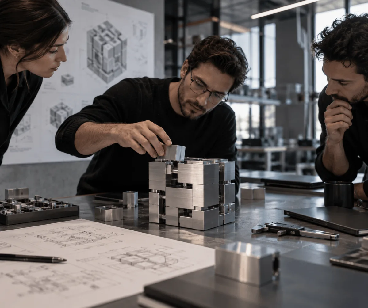 Team assembling a precision physical model on a workbench