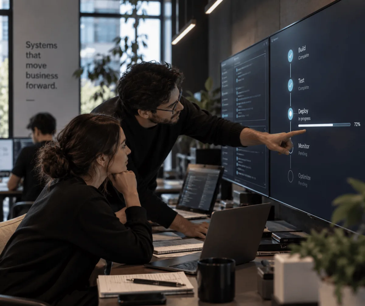 Two people reviewing a deployment monitoring dashboard on a large screen